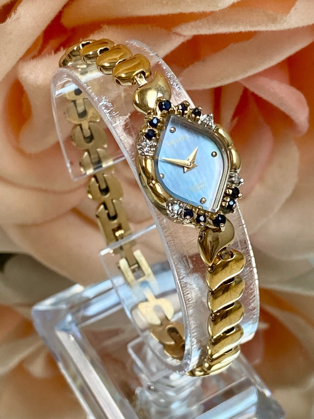 Vintage Geneva Diamond and Sapphire Accented Bezel Swiss Quartz Cocktail Watch